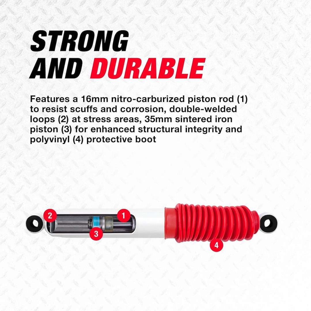 Rancho Shock Absorber, RS5000X, Nitrogen Gas Charged, Non Adjustable Valving, With Shock Boots, White Shock Body with Red Shock Boots – RS55235