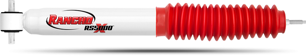 Rancho Shock Absorber, RS5000X, Nitrogen Gas Charged, Non Adjustable Valving, With Shock Boots, White Shock Body with Red Shock Boots – RS55239