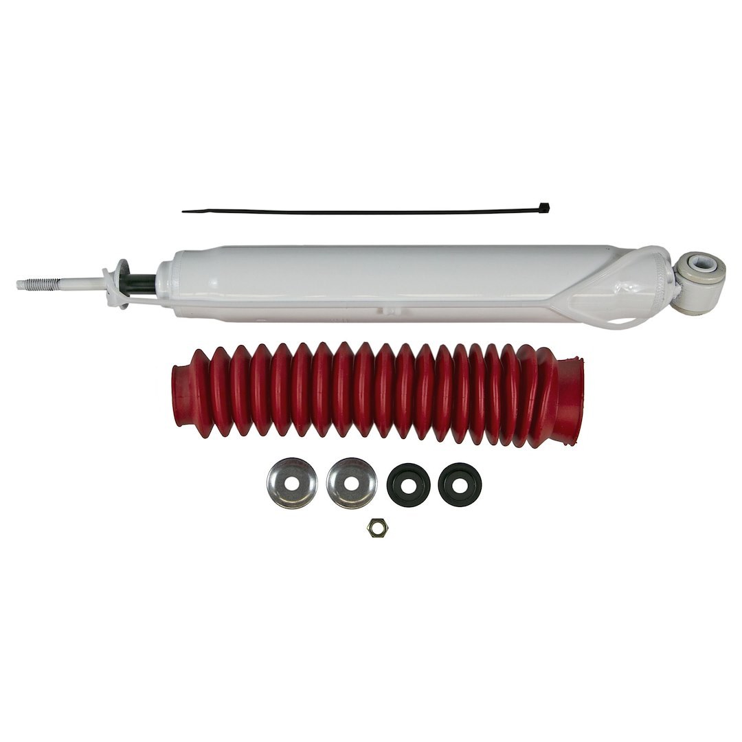 Rancho Shock Absorber, RS5000X, Nitrogen Gas Charged, Non Adjustable Valving, With Shock Boots, White Shock Body with Red Shock Boots – RS55251