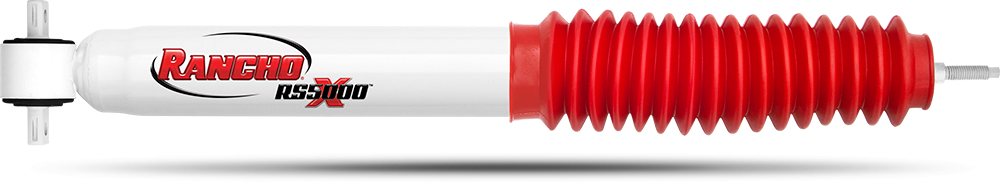 Rancho Shock Absorber, RS5000X, Nitrogen Gas Charged, Non Adjustable Valving, With Shock Boots, White Shock Body with Red Shock Boots – RS55279