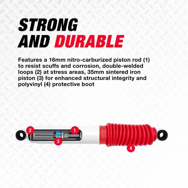 Rancho Shock Absorber, RS5000X, Nitrogen Gas Charged, Non Adjustable Valving, With Shock Boots, White Shock Body with Red Shock Boots – RS55297