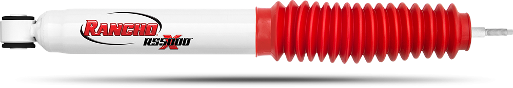 Rancho Shock Absorber, RS5000X, Nitrogen Gas Charged, Non Adjustable Valving, With Shock Boots, White Shock Body with Red Shock Boots – RS55329