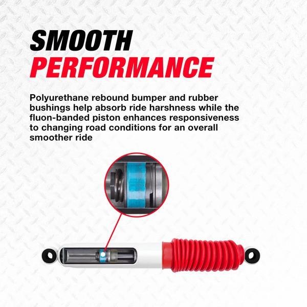 Rancho Shock Absorber, RS5000X, Nitrogen Gas Charged, Non Adjustable Valving, With Shock Boots, White Shock Body with Red Shock Boots – RS55395