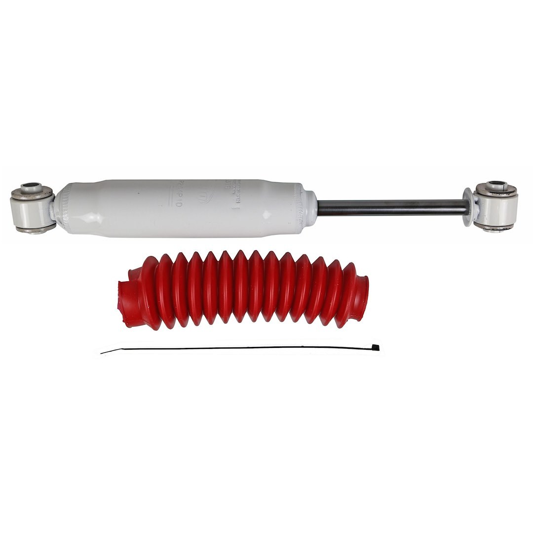 Rancho Shock Absorber, RS5000X, Nitrogen Gas Charged, Non Adjustable Valving, With Shock Boots, White Shock Body with Red Shock Boots – RS55396