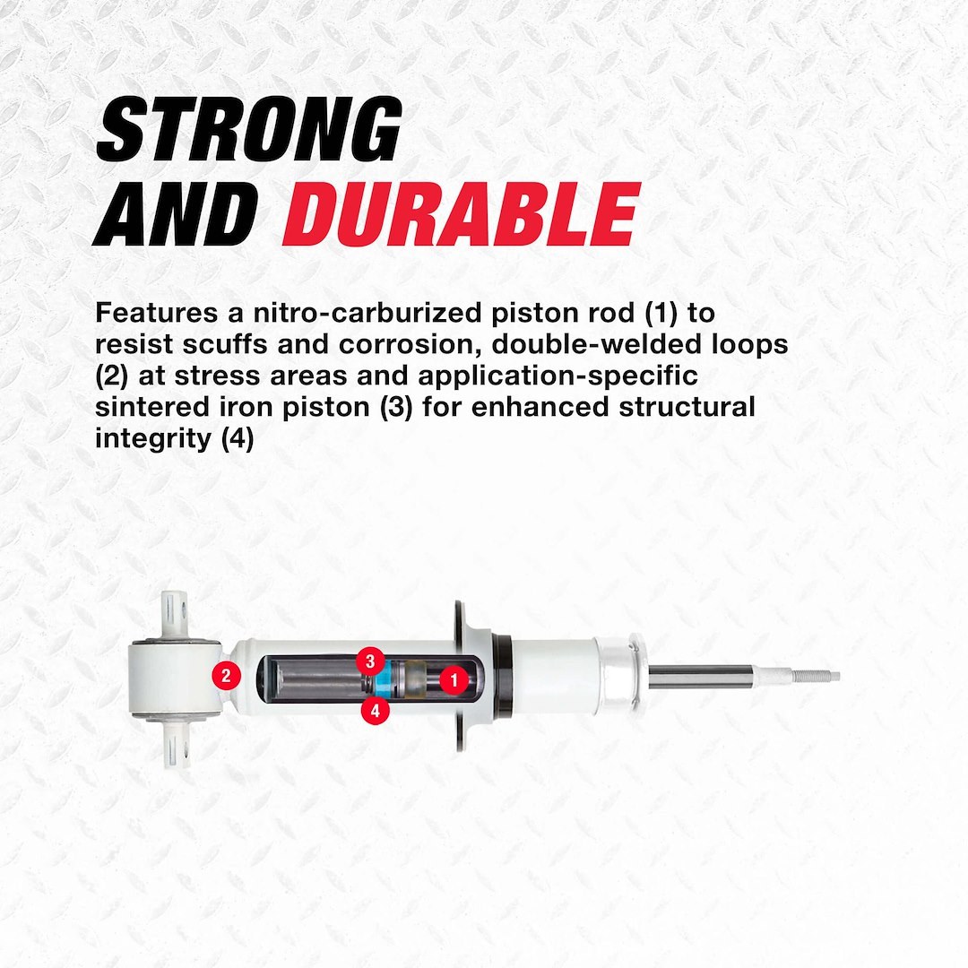 Rancho Shock Absorber, RS5000X, Nitrogen Gas Charged, Non Adjustable Valving, With Shock Boots, White Shock Body with Red Shock Boots – RS55830