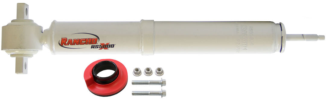 Rancho Shock Absorber, RS5000X, Nitrogen Gas Charged, Non Adjustable Valving, With Shock Boots, White Shock Body with Red Shock Boots – RS55836