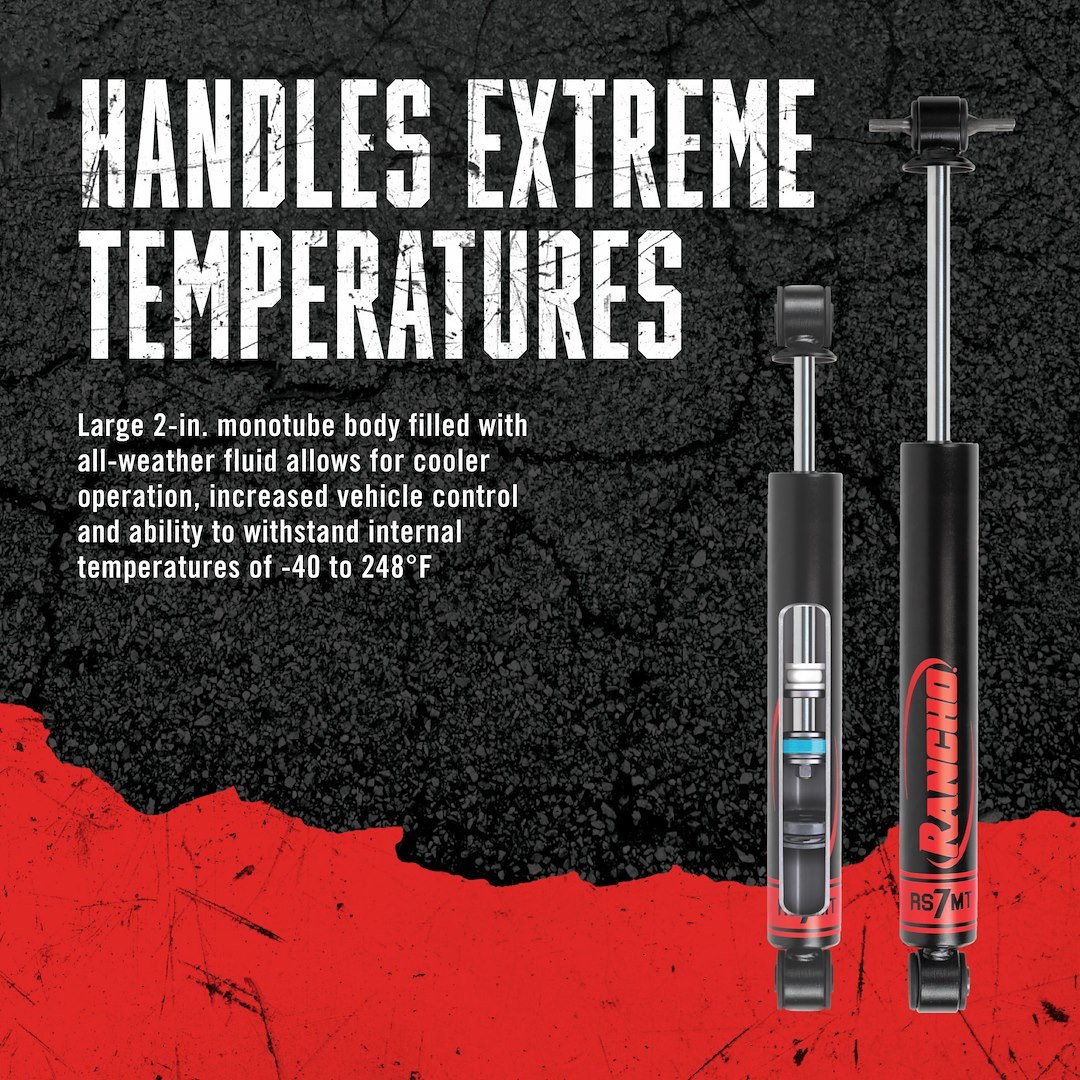 Rancho Shock Absorber, RS7MT, Nitrogen Gas Charged Mono Tube, Non Adjustable, Without Shock Boots, Single – RS77255