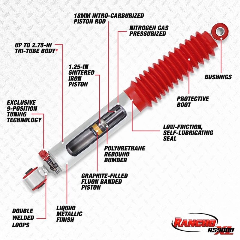 Rancho Shock Absorber, Rs 9000XL ™, Nitrogen Gas Charged, Adjustable Valving, With Shock Boots, Single – RS999029