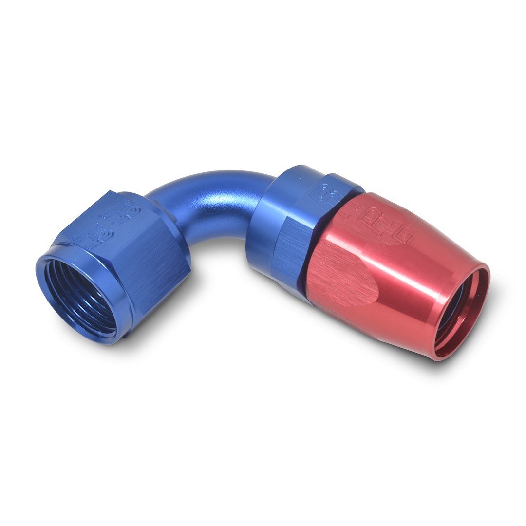 Russell Performance Hose End Fitting, Full Flow, -8 AN Hose, -8 AN Outlet, 90 Degree, Anodized, Red/Blue, Aluminum, Single – 610170