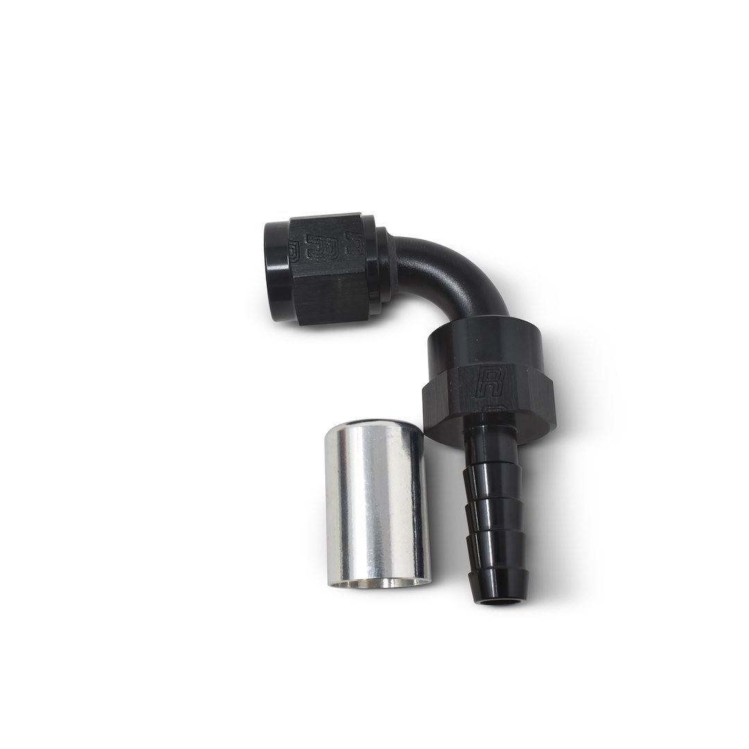Russell Performance Hose End Fitting, Proclassic, -8 AN Hose, -8 AN Hose Barb Outlet with Crimp Sleeve, 90 Degree, Anodized, Black, Aluminum – 610543