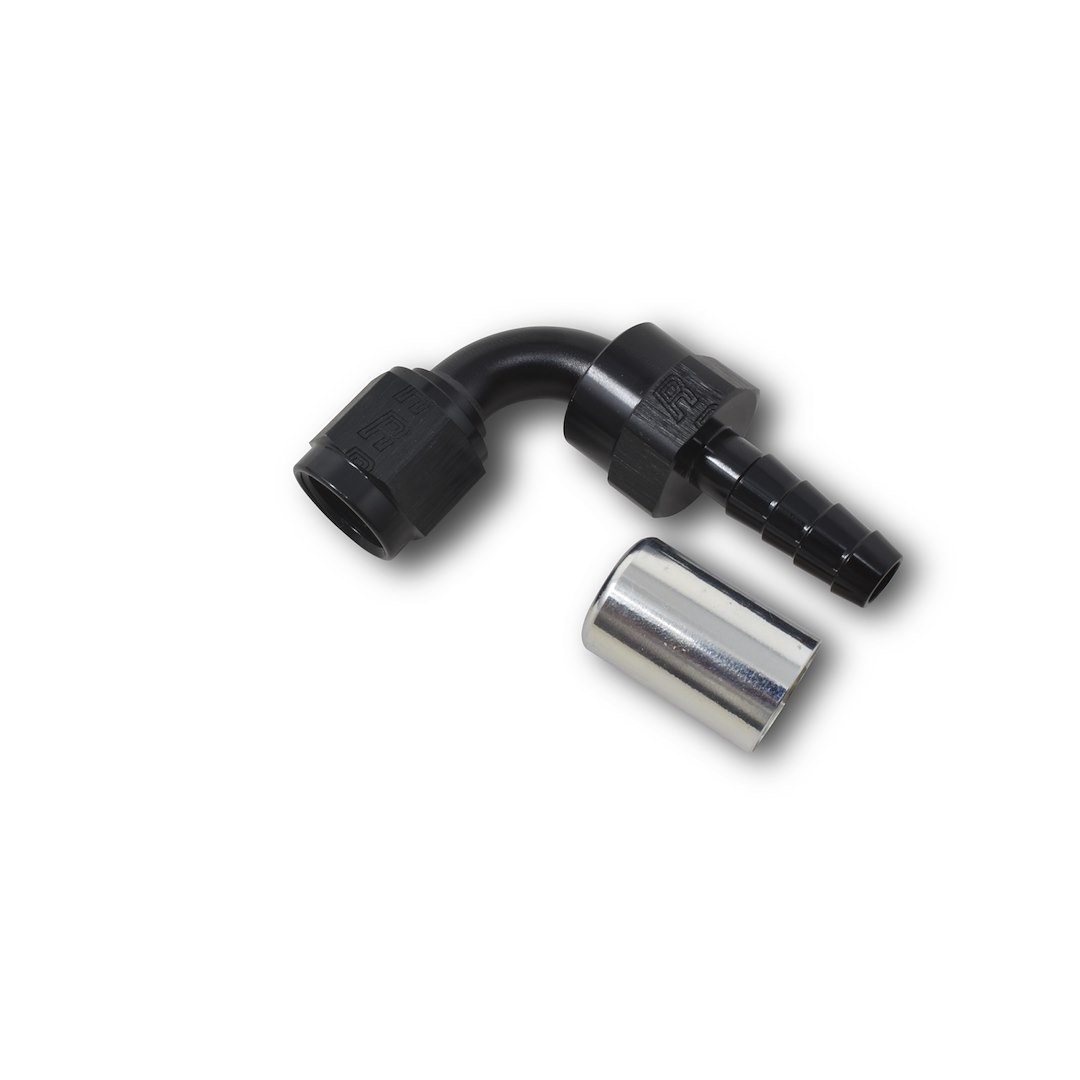 Russell Performance Hose End Fitting, Proclassic, -8 AN Hose, -8 AN Hose Barb Outlet with Crimp Sleeve, 90 Degree, Anodized, Black, Aluminum – 610543