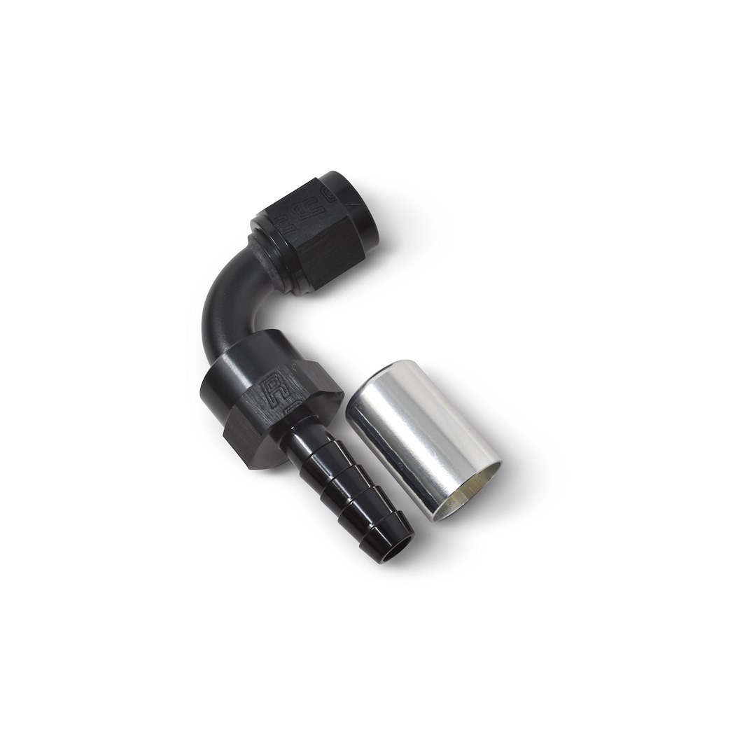 Russell Performance Hose End Fitting, Proclassic, -8 AN Hose, -8 AN Hose Barb Outlet with Crimp Sleeve, 90 Degree, Anodized, Black, Aluminum – 610543