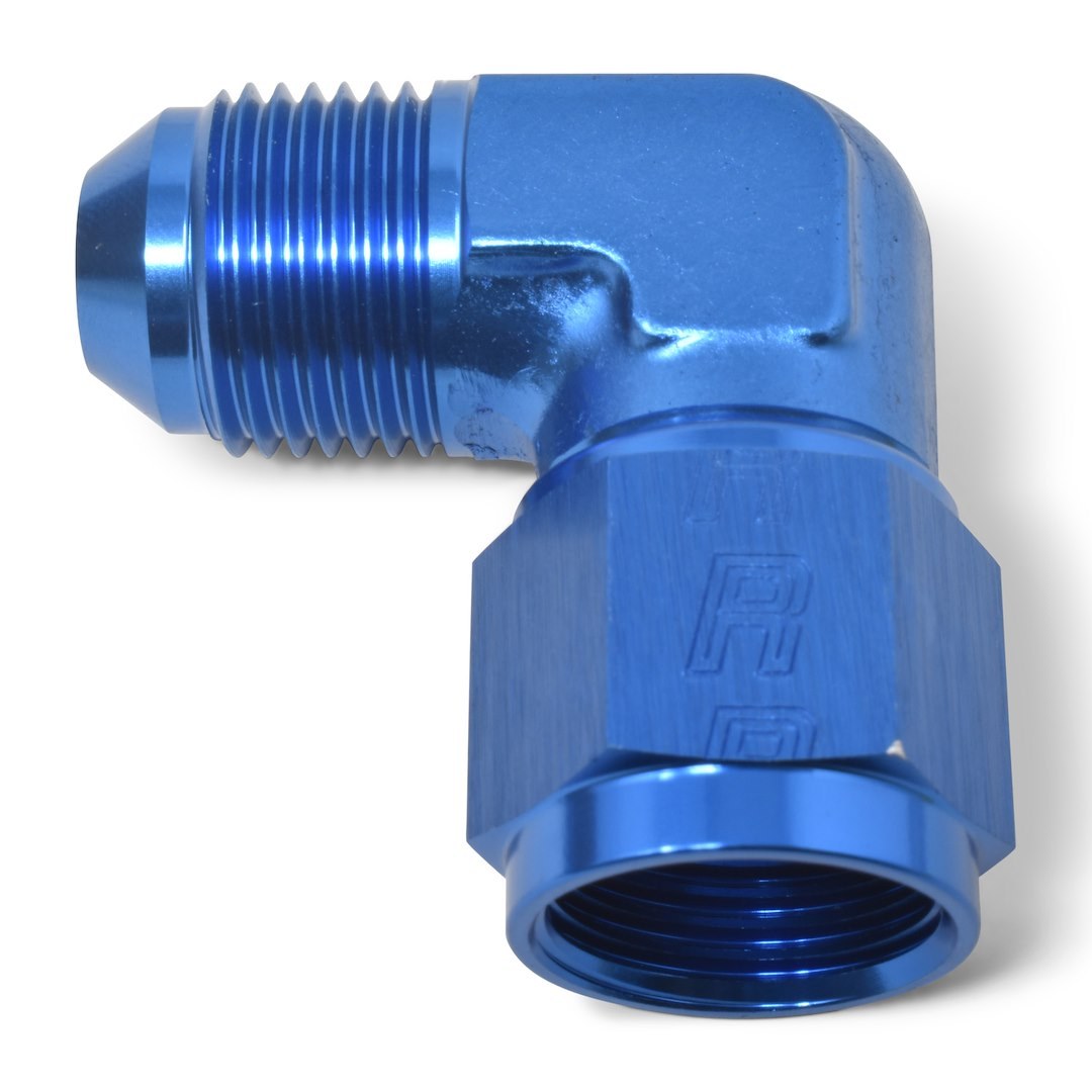Russell Performance Adapter Fitting, 90 Degree -3 AN Male AN to Female AN, Anodized, Blue, Aluminum, Single – 614803