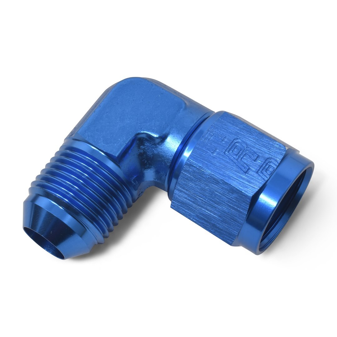 Russell Performance Adapter Fitting, 90 Degree -3 AN Male AN to Female AN, Anodized, Blue, Aluminum, Single – 614803