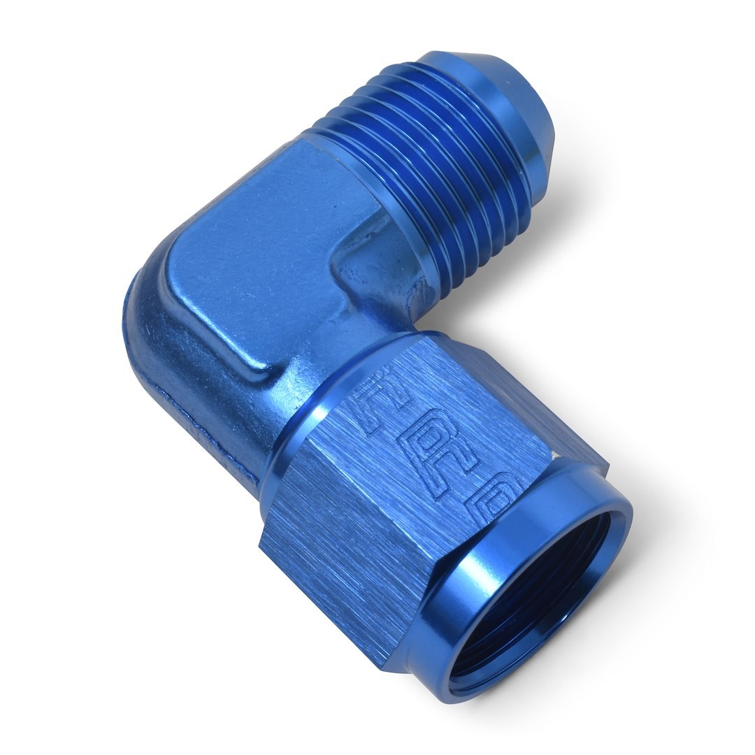 Russell Performance Adapter Fitting, 90 Degree -3 AN Male AN to Female AN, Anodized, Blue, Aluminum, Single – 614803