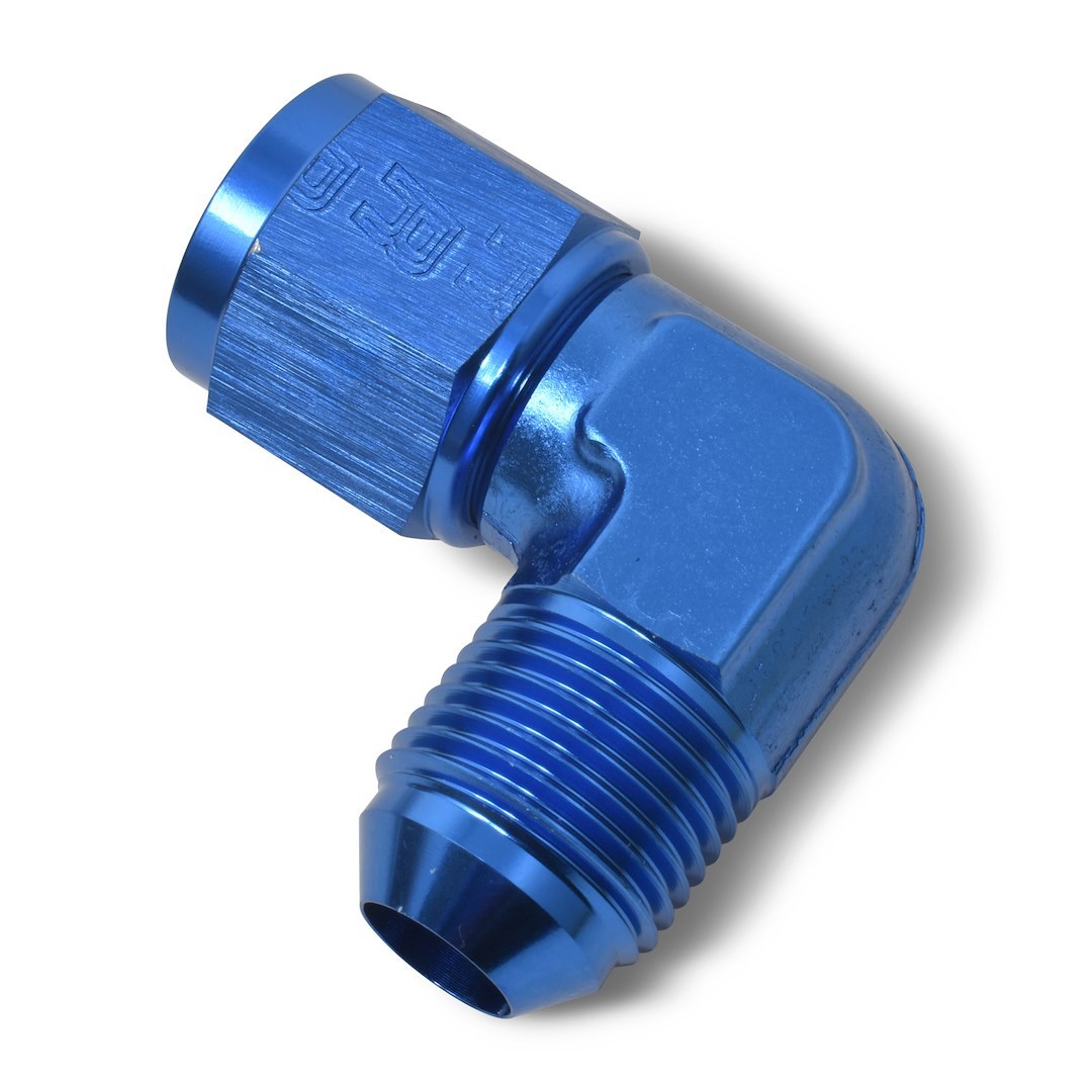 Russell Performance Adapter Fitting, 90 Degree -3 AN Male AN to Female AN, Anodized, Blue, Aluminum, Single – 614803