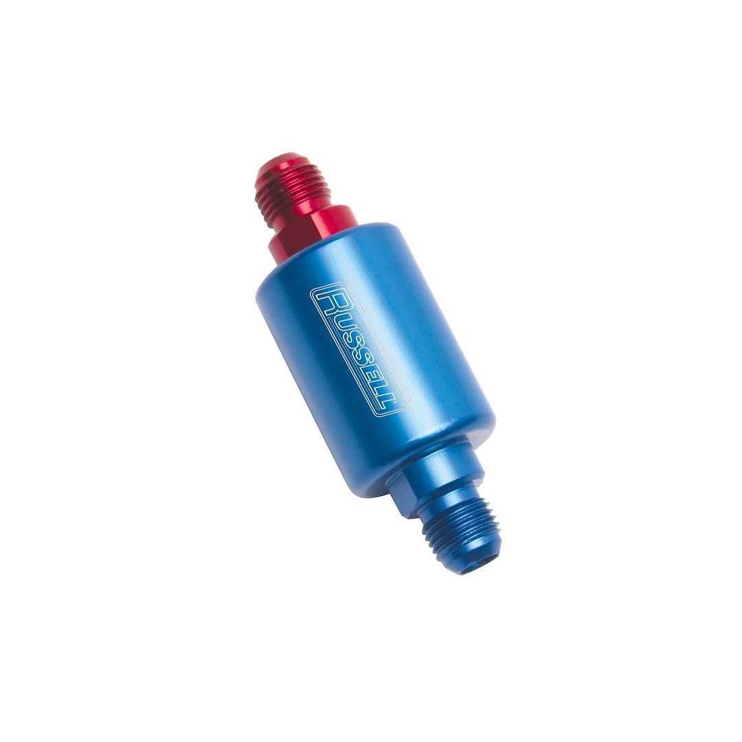 Russell Performance Fuel Filter, Competition, IN-Line, -6 AN Male Inlet/ Outlet, 1-1/4 Inch Diameter X 3 Inch Length, 40 Micron Disc Element – 650130