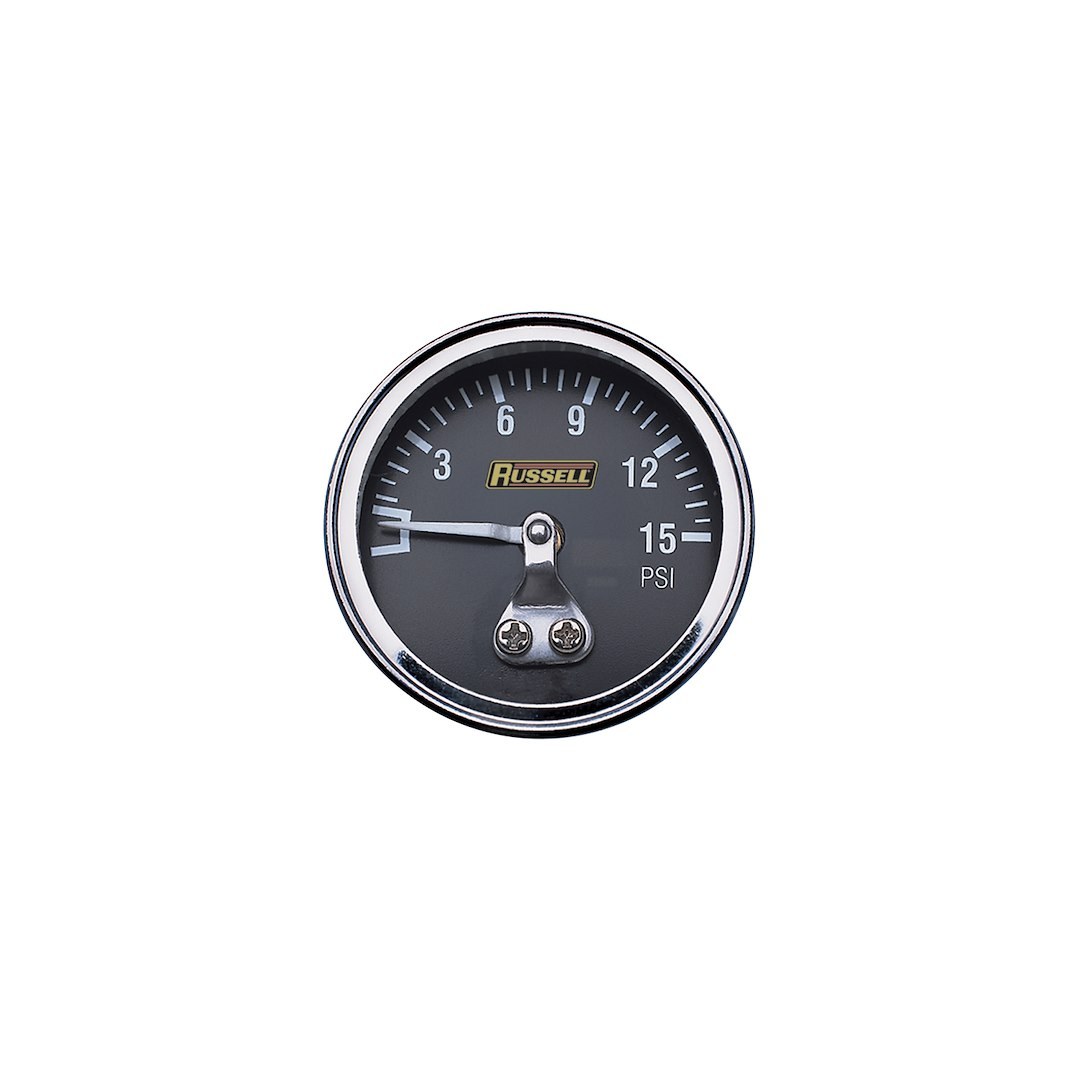Russell Performance Gauge Fuel Pressure, 15 PSI Fuel Pressure Gauge (non Liquid-Filled), 1-1/2 Inch Diameter, Short Sweep Mechanical – 650350