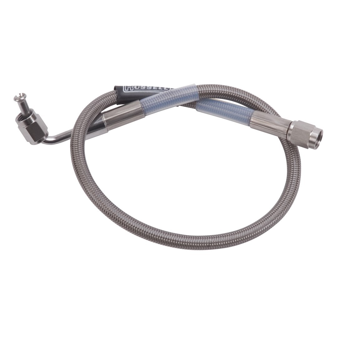 Russell Performance Brake Line, Endurashine ™ Braided Stainless Steel, 90 Degree -3 AN Fitting to Straight -3 AN Fitting, 15 Inch Length – 655032