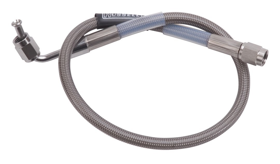 Russell Performance Brake Line, Endurashine ™ Braided Stainless Steel, 90 Degree -3 AN Fitting to Straight -3 AN Fitting, 18 Inch Length – 655042