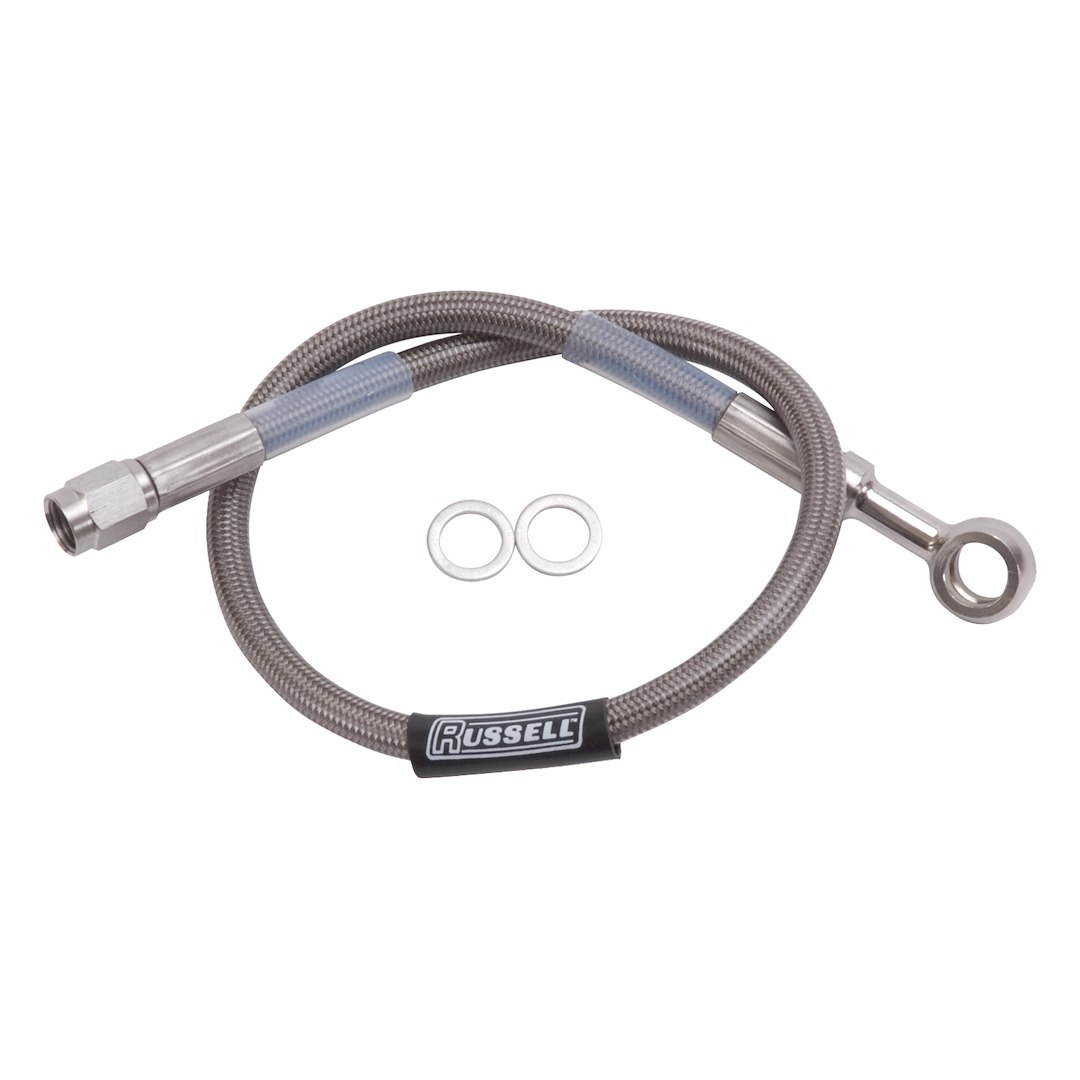 Russell Performance Brake Line, Competition, Braided Stainless Steel, 10 Millimeter Banjo to -3 AN Fittings, 27 Inch Length, Single – 657070