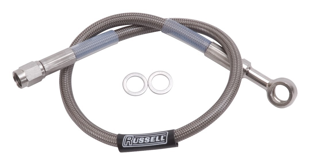 Russell Performance Brake Line, Endurashine ™ Braided Stainless Steel, 10 Millimeter Banjo Fitting to Straight -3 AN Fitting, 16 Inch Length – 657242