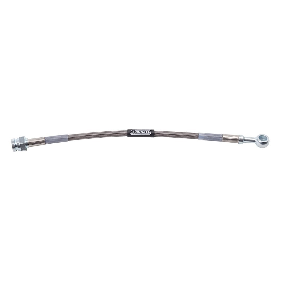 Russell Performance Brake Line, Anodized Black Braided Stainless Steel, 10 Millimeter Banjo Fitting to 3/8-24 Inverted Flare Fitting – 657300
