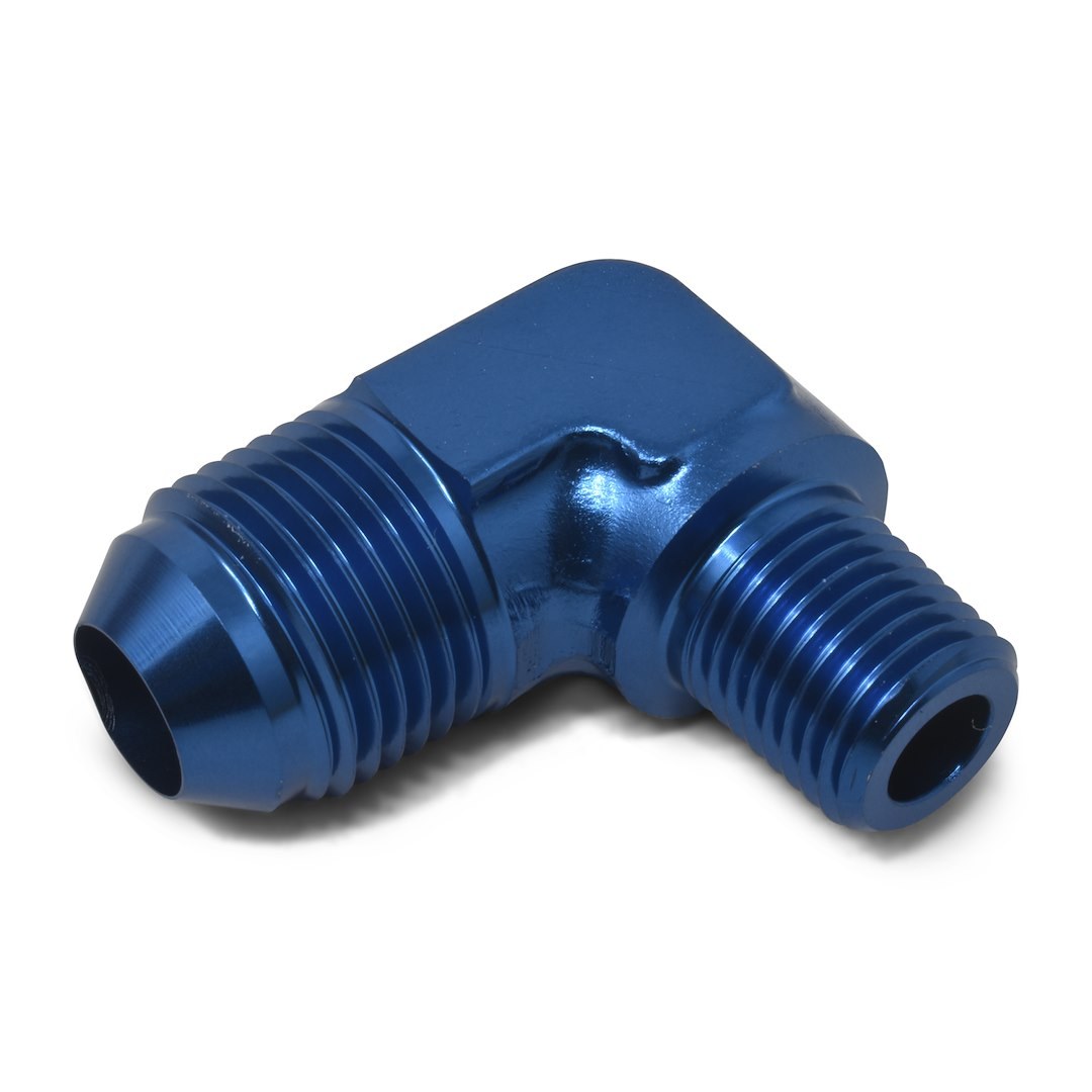Russell Performance Adapter Fitting, 90 Degree -6 AN to 1/8 Inch NPT, Anodized, Blue, Aluminum, Single – 660830