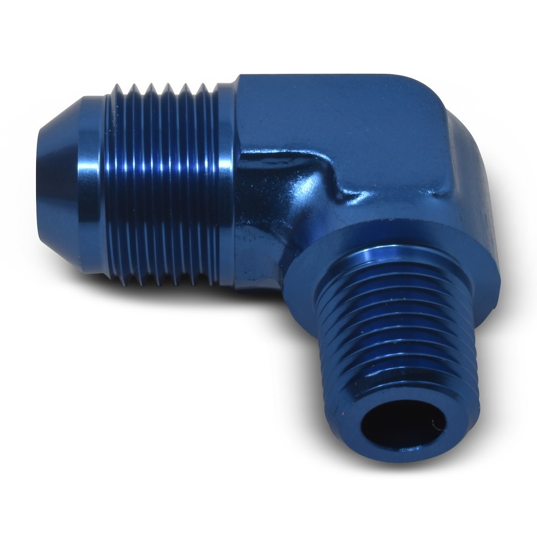 Russell Performance Adapter Fitting, 90 Degree -8 AN to 3/8 Inch NPT, Anodized, Blue, Aluminum, Single – 660860