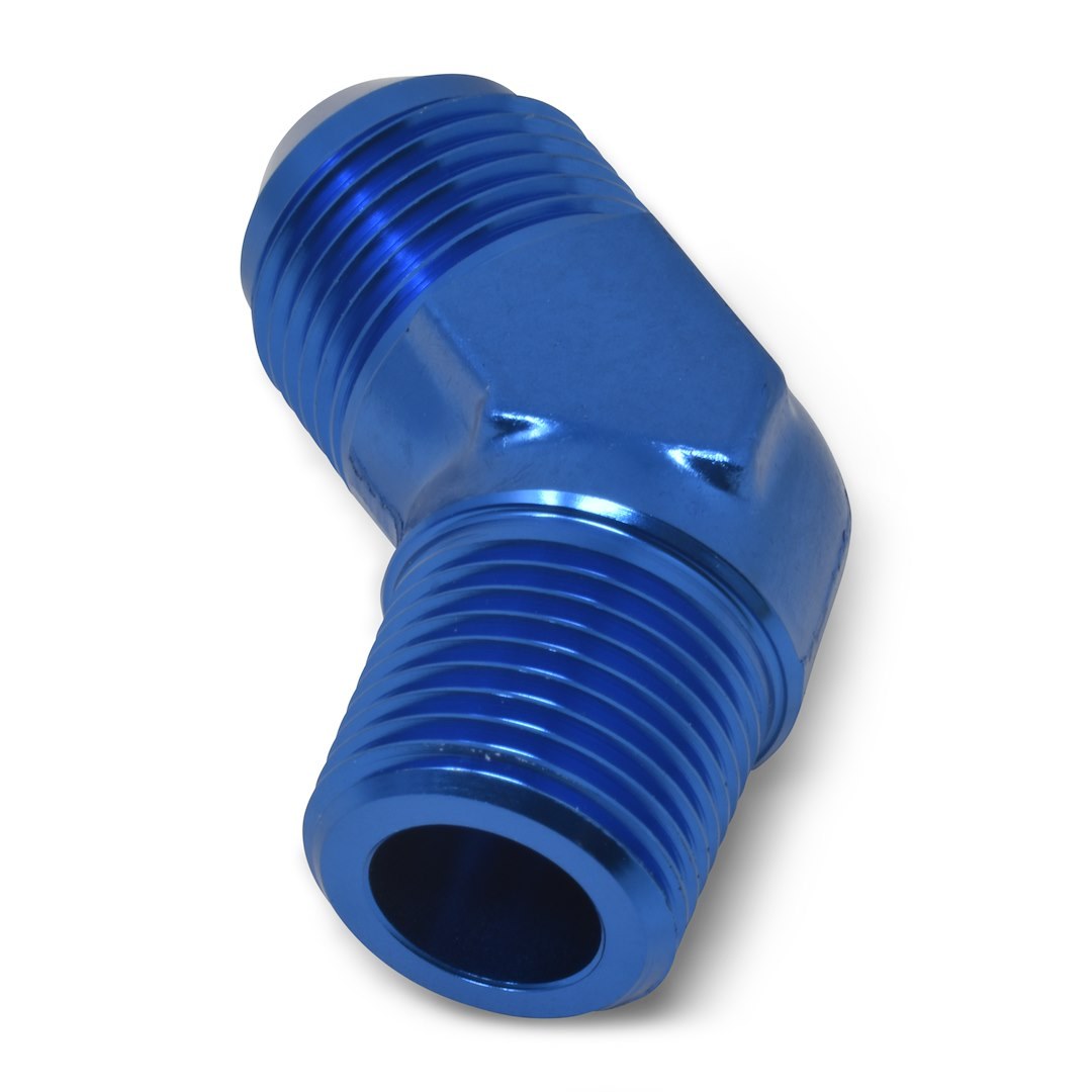 Russell Performance Adapter Fitting, 45 Degree -4 AN to 1/8 Inch NPT, Anodized, Blue, Aluminum, Single – 660940