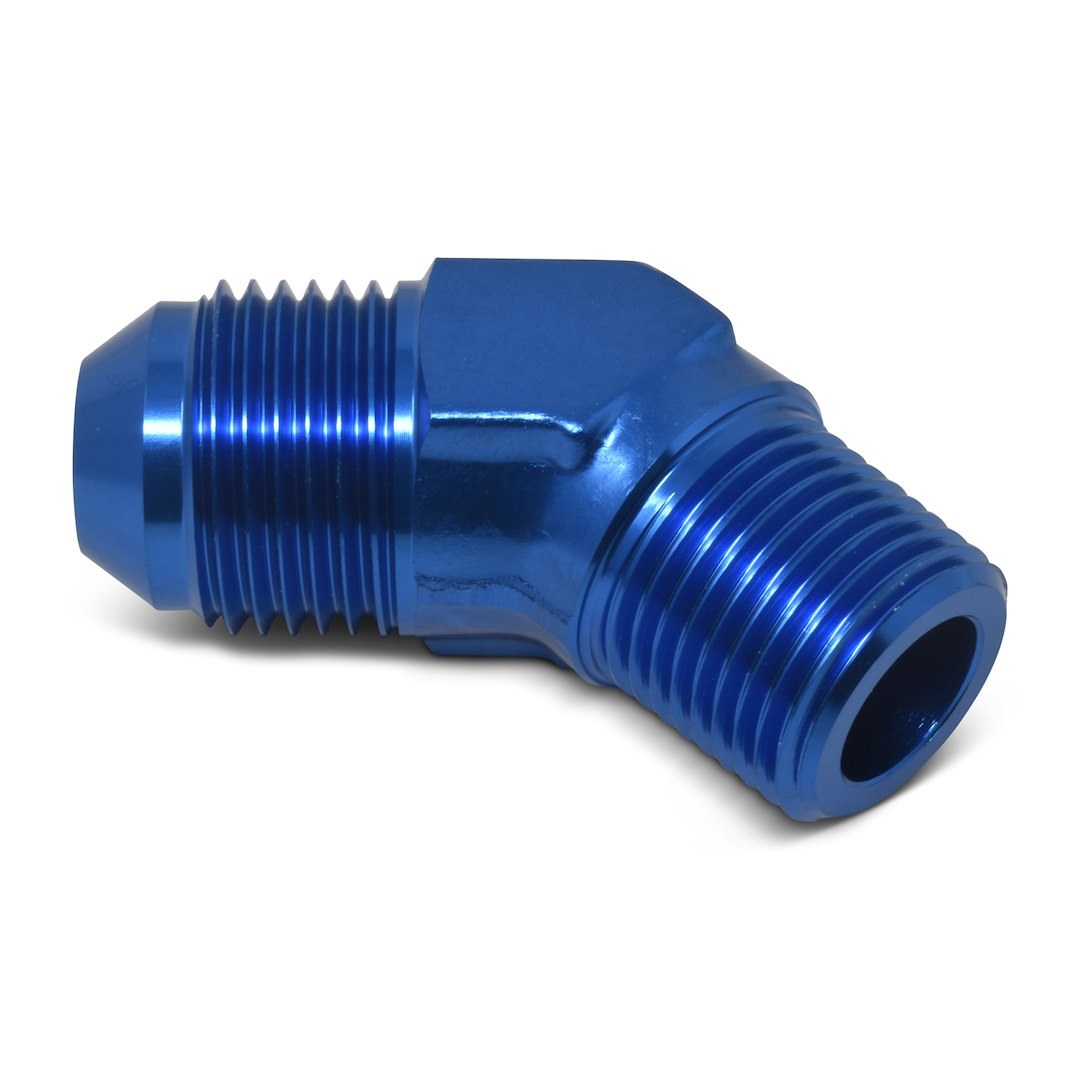 Russell Performance Adapter Fitting, 45 Degree -8 AN to 3/8 Inch NPT, Anodized, Blue, Aluminum, Single – 660960