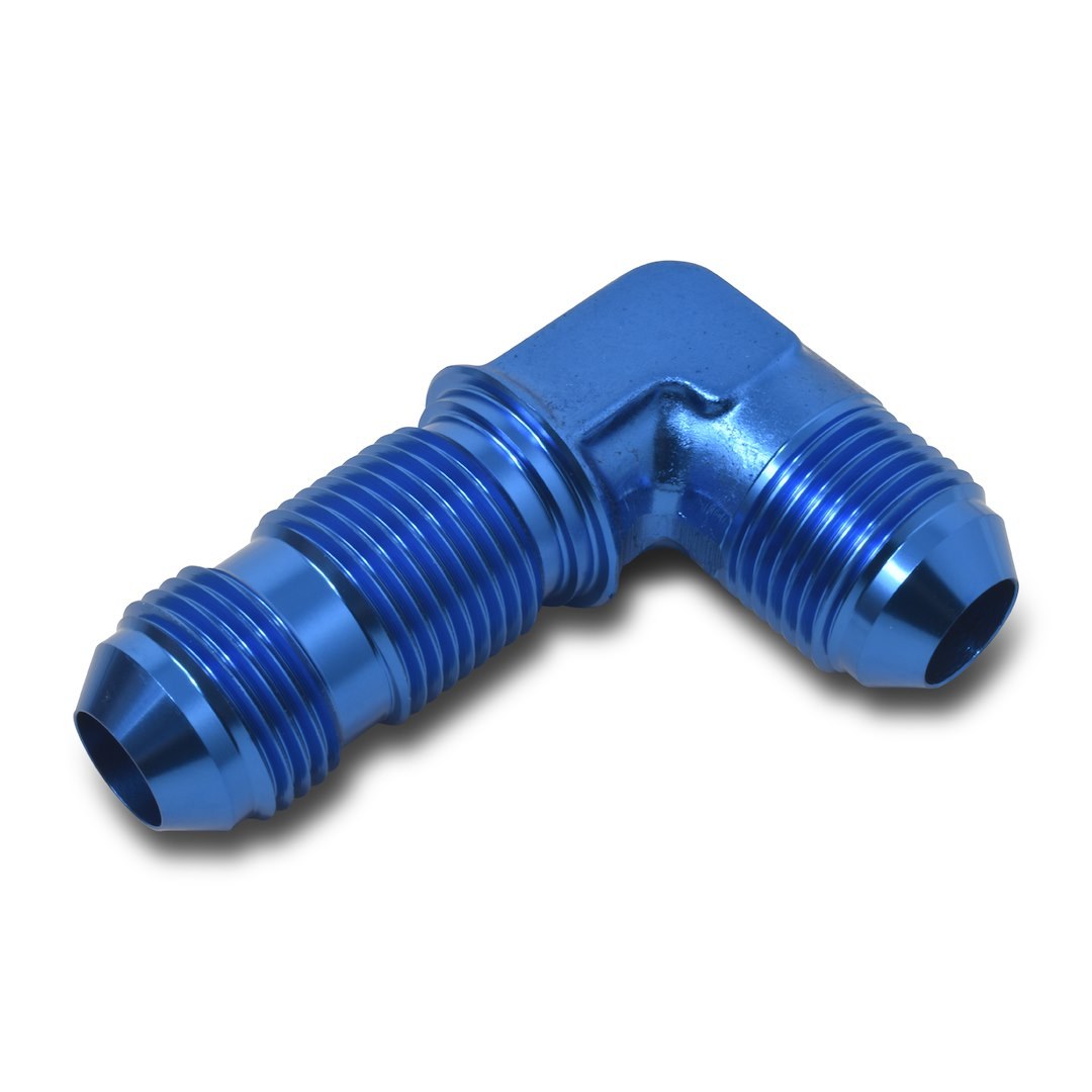Russell Performance Coupler Fitting, -8 AN Male, 90 Degree Bulkhead, Aluminum, Blue, Single – 661260