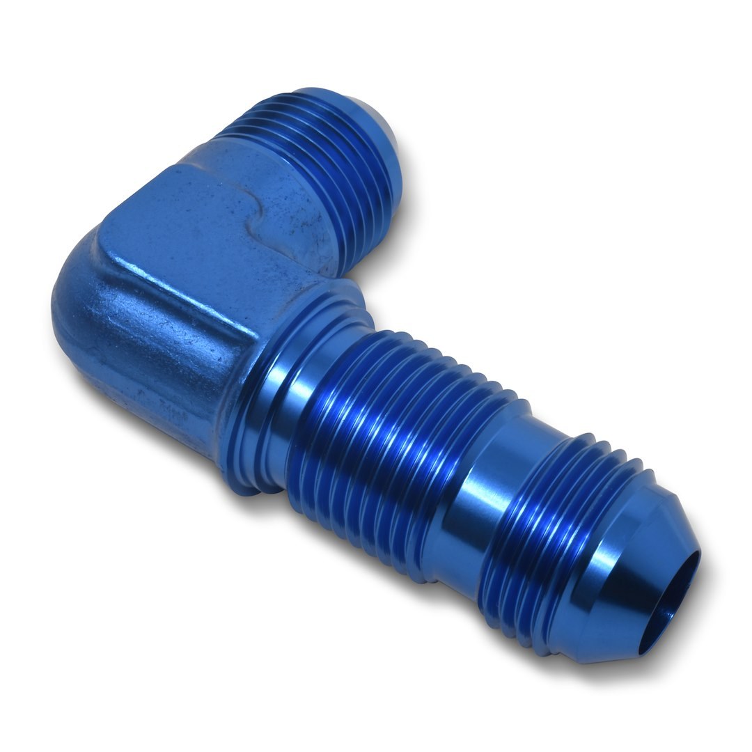 Russell Performance Coupler Fitting, -8 AN Male, 90 Degree Bulkhead, Aluminum, Blue, Single – 661260