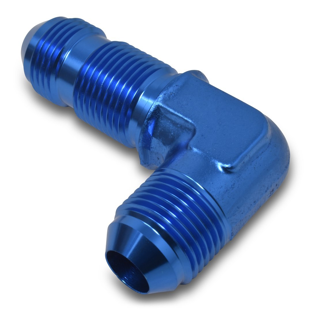 Russell Performance Coupler Fitting, -8 AN Male, 90 Degree Bulkhead, Aluminum, Blue, Single – 661260