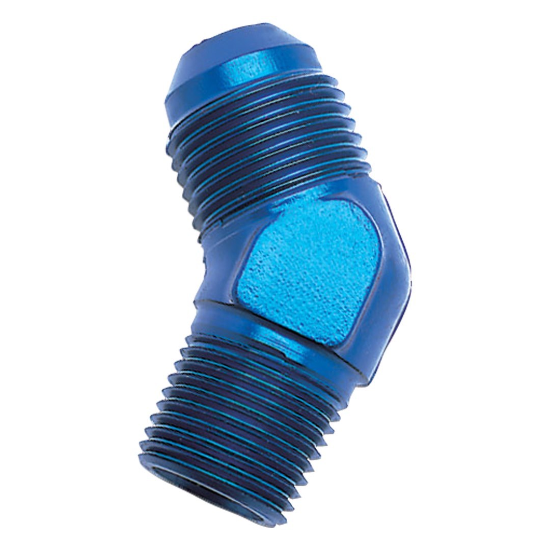 Russell Performance Adapter Fitting, 45 Degree -8 AN to 1/2 Inch NPT, Anodized, Blue, Aluminum, Single – 662410