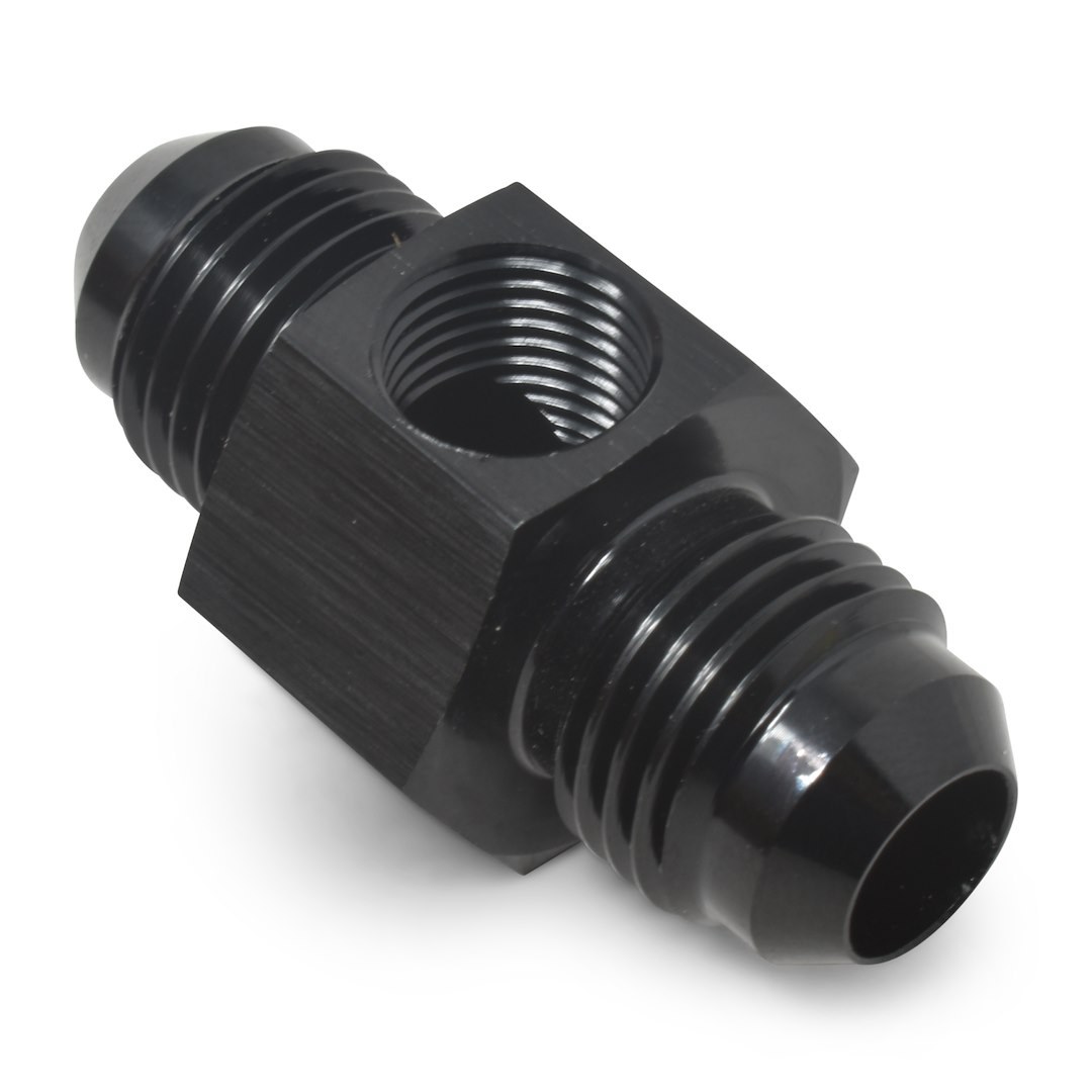 Russell Performance Fuel Pressure Gauge Fitting, 6AN Male to 6AN Male, Straight, 1/8 Inch Side Port, Anodized, Blue, Aluminum, Single – 670000