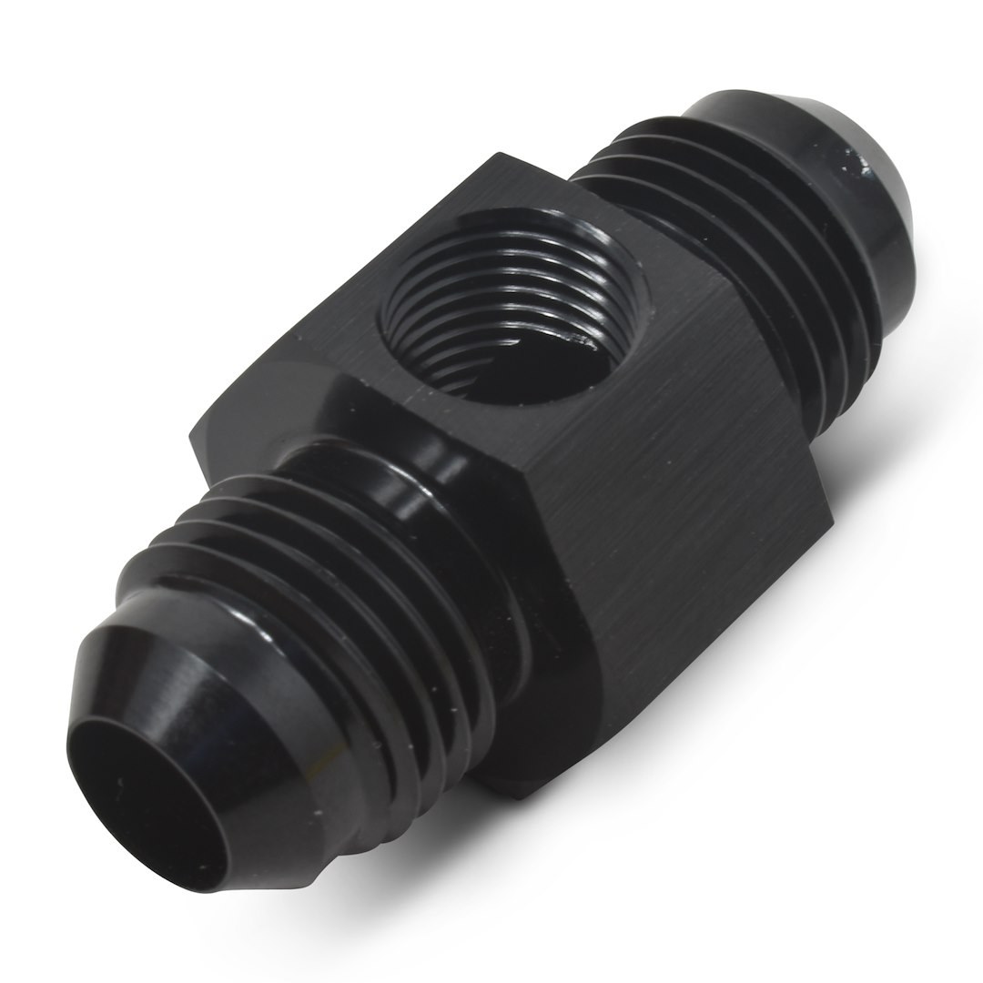 Russell Performance Fuel Pressure Gauge Fitting, 6AN Male to 6AN Male, Straight, 1/8 Inch Side Port, Anodized, Blue, Aluminum, Single – 670000