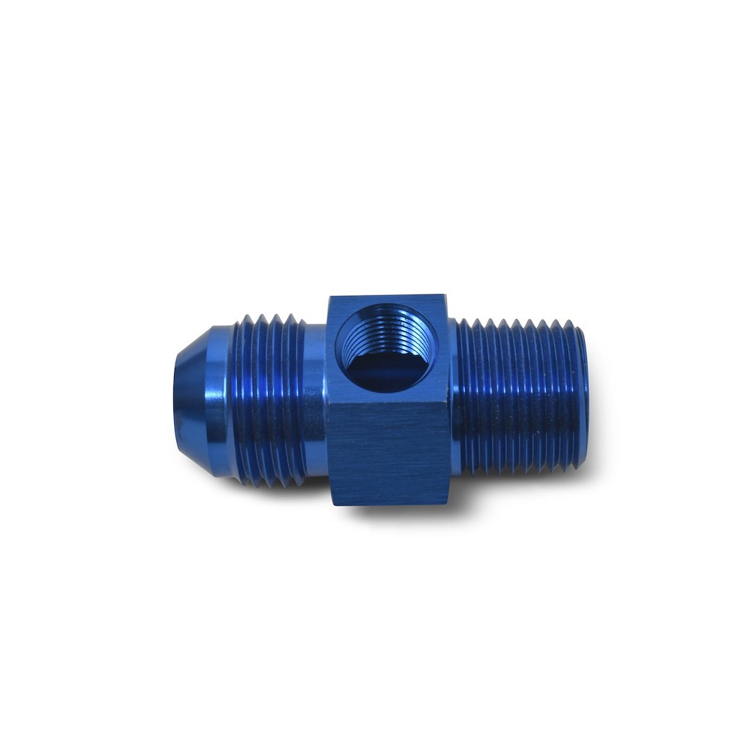 Russell Performance Fuel Pressure Gauge Fitting, 8AN Male to 3/8 Inch NPT, Straight, 1/8 Inch Side Port, Anodized, Blue, Aluminum, Single – 670080