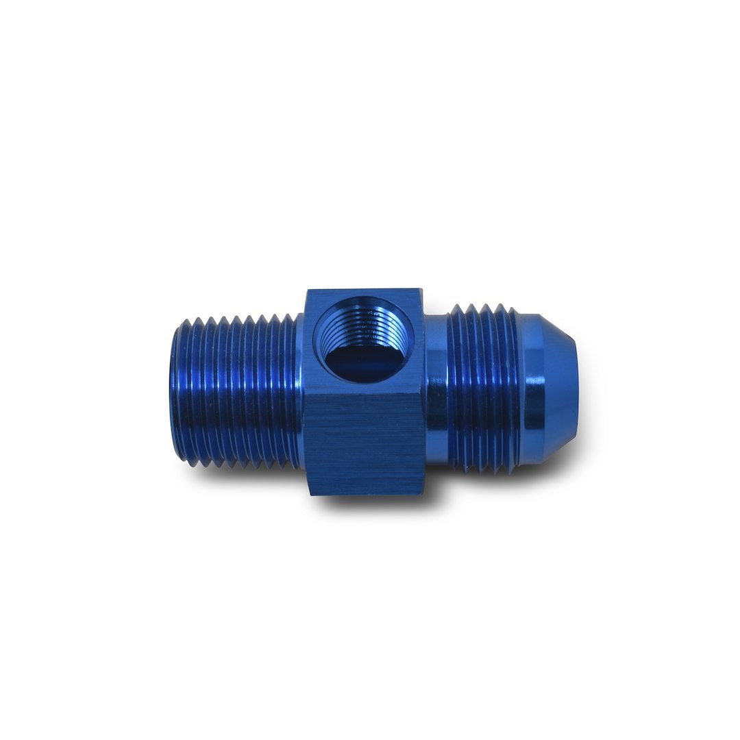 Russell Performance Fuel Pressure Gauge Fitting, 8AN Male to 3/8 Inch NPT, Straight, 1/8 Inch Side Port, Anodized, Blue, Aluminum, Single – 670080