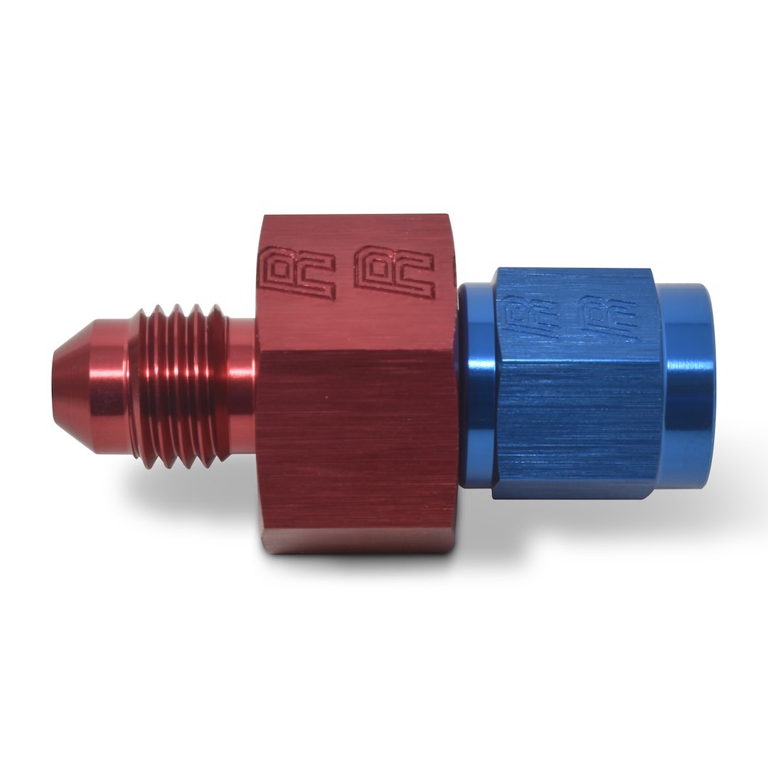 Russell Performance Fuel Pressure Gauge Fitting, 4AN Male to 4AN Female, Straight, 1/8 Inch Side Port, Anodized, Red/ Blue, Aluminum, Single – 670290