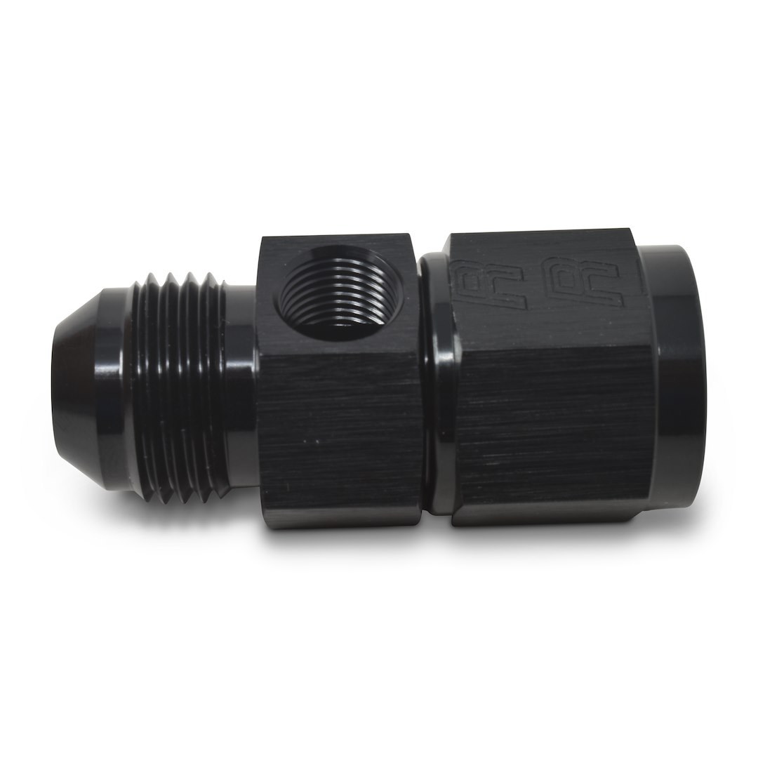 Russell Performance Fuel Pressure Gauge Fitting, 6AN Male to 6AN Female, Straight, 1/8 Inch Side Port, Anodized, Black, Aluminum, Single – 670343