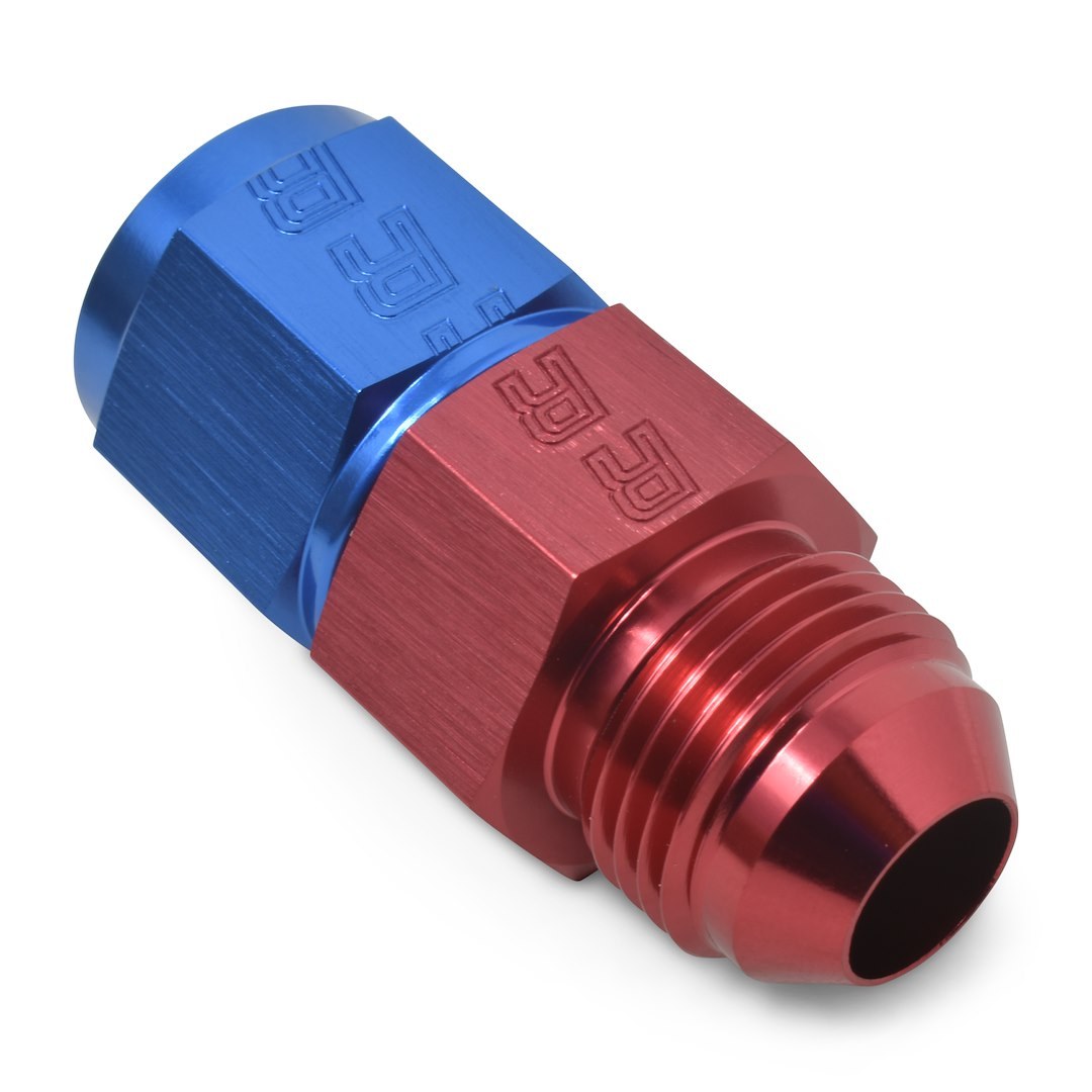 Russell Performance Fuel Pressure Gauge Fitting, 8AN Male to 8AN Female, Straight, 1/8 Inch Side Port, Anodized, Red/ Blue, Aluminum, Single – 670350
