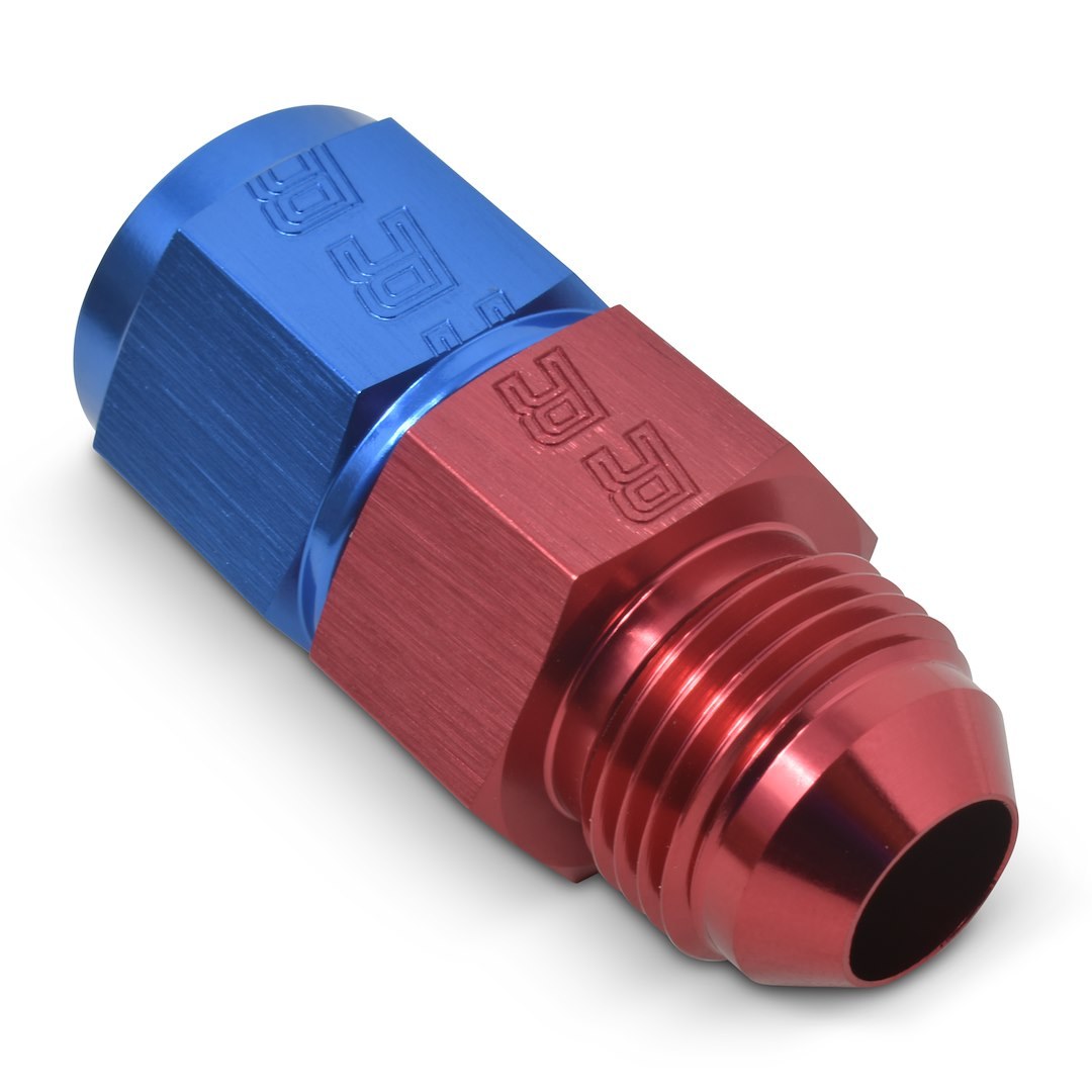 Russell Performance Fuel Pressure Gauge Fitting, 10AN Male to 10AN Female, Straight, 1/8 Inch Side Port, Anodized, Red/ Blue, Aluminum – 670360
