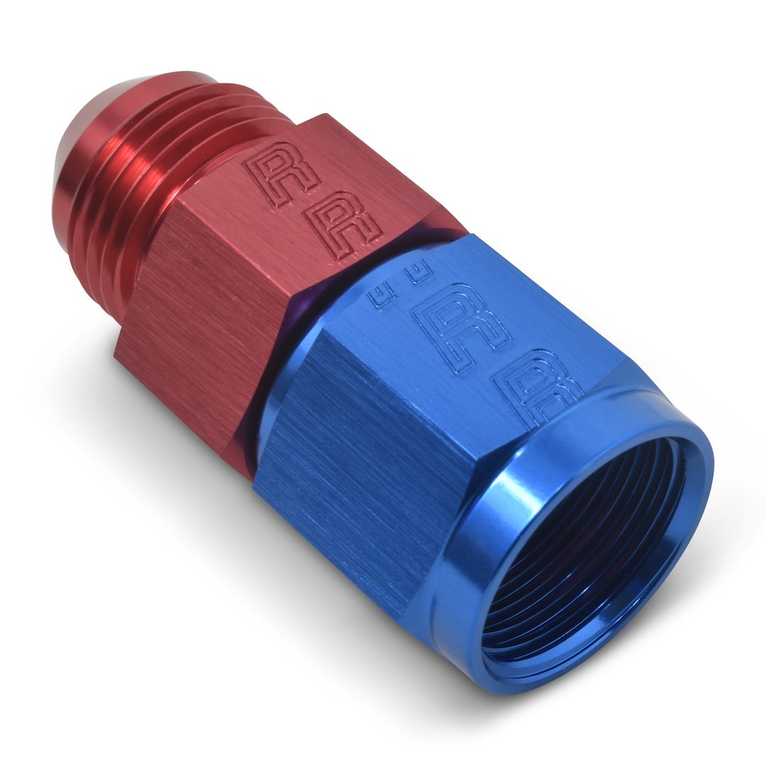 Russell Performance Fuel Pressure Gauge Fitting, 10AN Male to 10AN Female, Straight, 1/8 Inch Side Port, Anodized, Red/ Blue, Aluminum – 670360