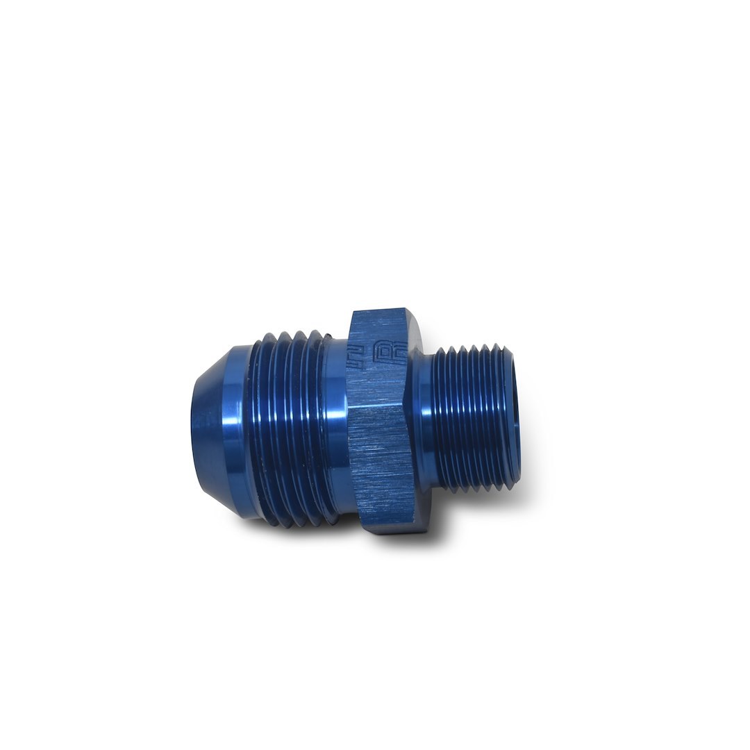 Russell Performance Adapter Fitting, -6 AN Flare to 18 Millimeter X 1.5 Metric Thread, Anodized, Blue, Aluminum, Single – 670540