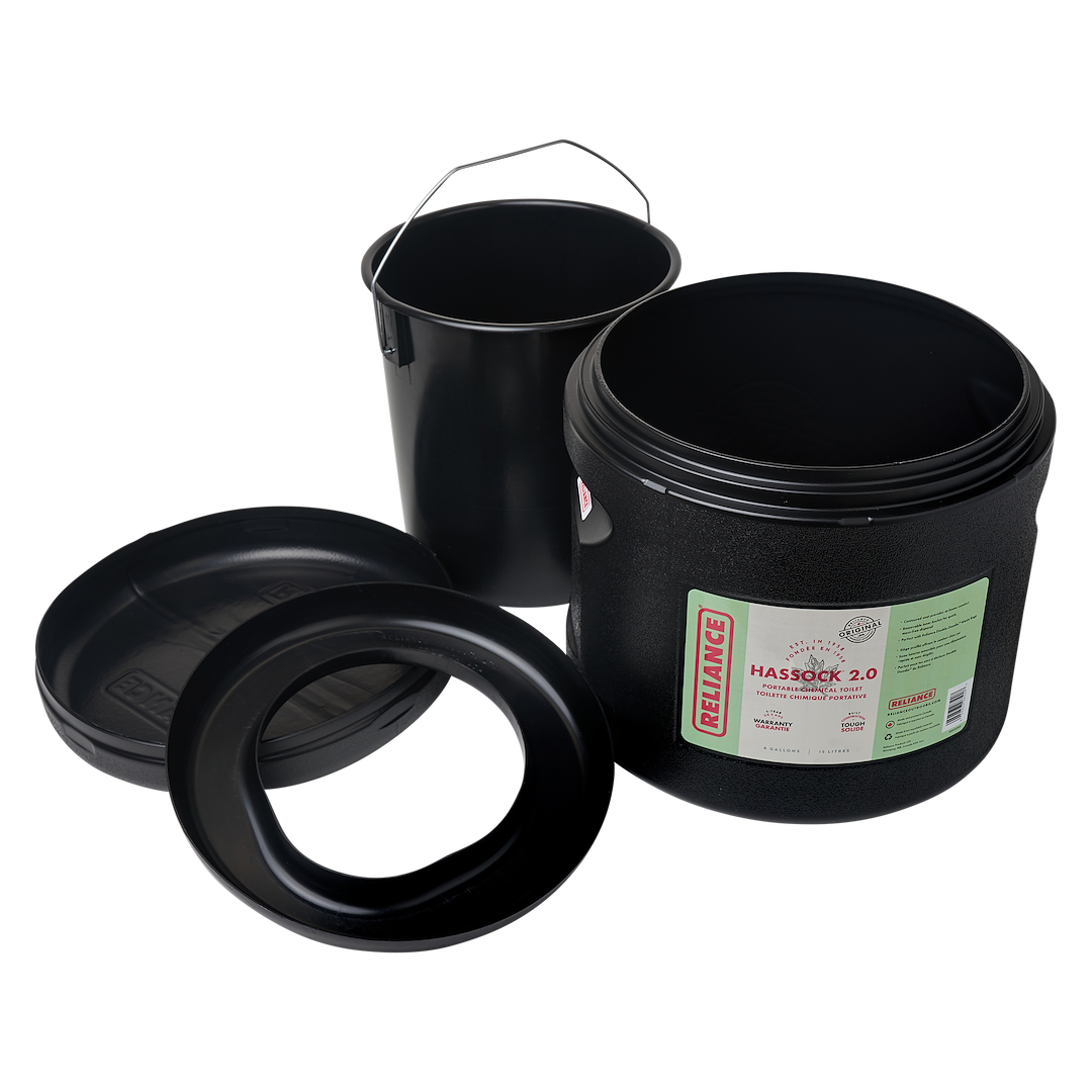 Reliance Toilet, Hassock 2.0, Portable, Round Seat, Black Seat and Cover, Without Hand Sprayer, Removable Inner Bucket for Easy Disposal – 9850-03