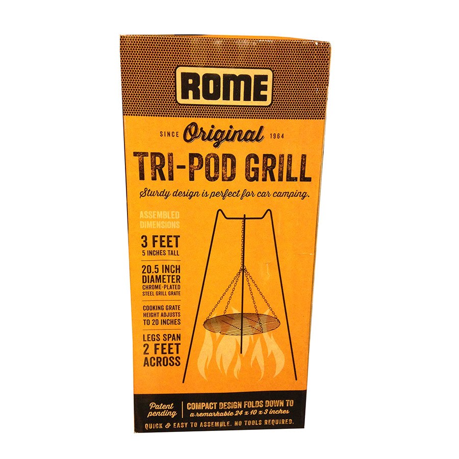 Rome Industy Campfire Grill, Tripod Style, 20-1/2 Inch Diameter Round Grilling Surface, Vertically Adjustable Up to 20 Inch, Foldable – 117EZ