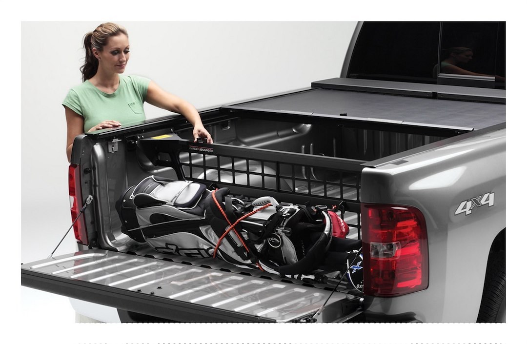 Roll N Lock Bed Cargo Divider, Cargo Manager ®, Works with Roll N Lock Retractable Tonneau Cover, Black, Aluminum, Flip-Up – CM531