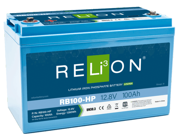 Relion Battery, Hp Series, Group 31, 12 Volt, 100 Ah Capacity, M8 Threaded Stud Top Terminals, Lithium Iron Phosphate, 13 Inch Length – RB100-HP