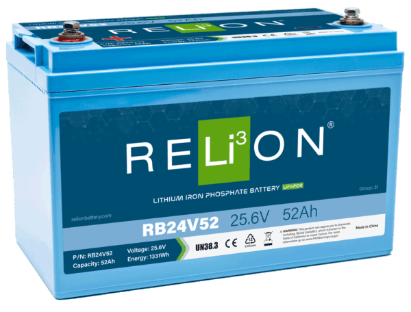 Relion Battery, Legacy Series, Group 31, 24 Volt, 52 Ah Capacity, M8 Threaded Stud Top Terminals, Lithium Iron Phosphate, 13.6 Inch Length – RB24V52